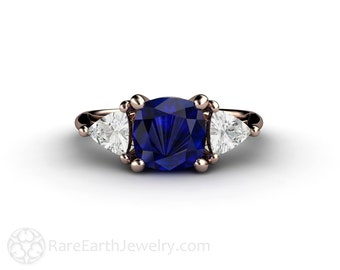 Three Stone Blue Sapphire Engagement Ring Vintage Style Cushion Cut Blue Sapphire Ring Lab Created Sapphire 3 Stone Ring Gold or Platinum