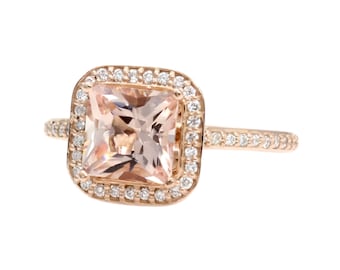 Morganit Halo Verlobungsring, Princess Cut Morganit Ring Hal Diamondo, Quadrat Morganit Ring, Rosegold Morganit Ring, Einzigartige Verlobung