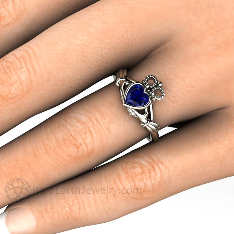 Blue Sapphire Claddagh Ring Celtic Jewelry Celtic Engagement Ring Irish Wedding Ring or Promise Ring Solid Gold 14K 18K and Platinum image 3