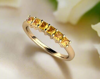 Yellow Sapphire Ring | Princess Cut 6 Stone Anniversary or Stacking Band in 14K or 18K Gold