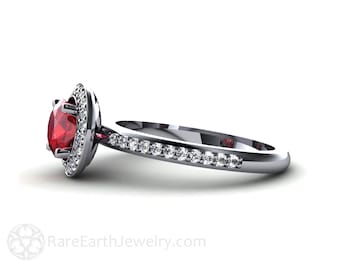 Ruby Engagement Ring Diamond Halo Platinum Round Ruby Ring with Diamonds Lab Created Ruby Ring July Birthstone