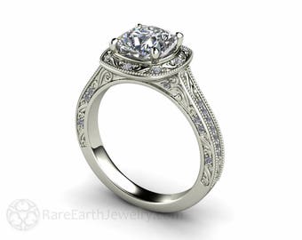 Vintage Style Moissanite Engagement Ring Filigree Diamond Halo Art Deco Cushion Cut Colorless Moissanite Ring Bespoke Bridal Set Forever One