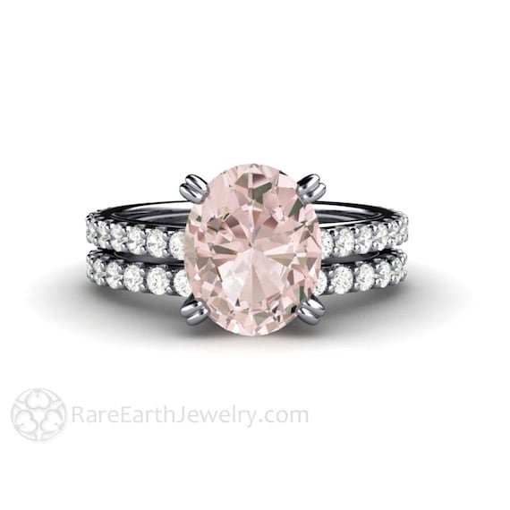 Morganite Engagement Ring, Oval Cut Pink Morganite Ring Solitaire with Pave Diamonds Double Prongs, Morganite Bridal Set Gold or Platinum