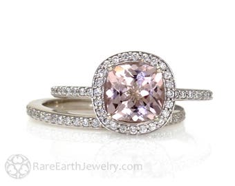 Cushion Morganite Engagement Ring and Wedding Band Morganite Bridal Set in Platinum Morganite Diamond Halo Ring