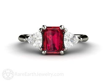 Ruby Engagement Ring Vintage Style Ruby Ring Emerald Cut Three Stone with White Sapphire Trillions in Gold and Platinum