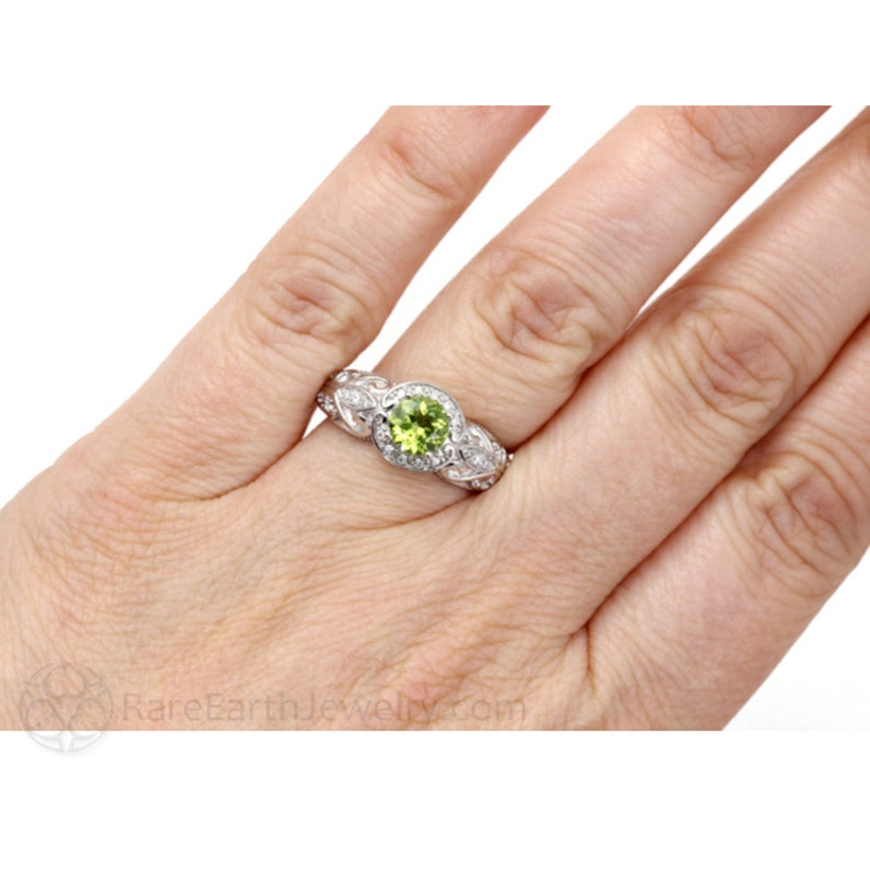 Art Deco Peridot Ring Peridot Engagement Ring Vintage Style Diamond Halo 14K 18K Gold Large Green Stone Statement Ring August Birthstone image 5