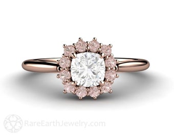 Cushion Cut Diamond Engagement Ring with Pink Diamond Halo Australian Argyle Pink Diamond Ring Cluster Design 14K or 18K Gold