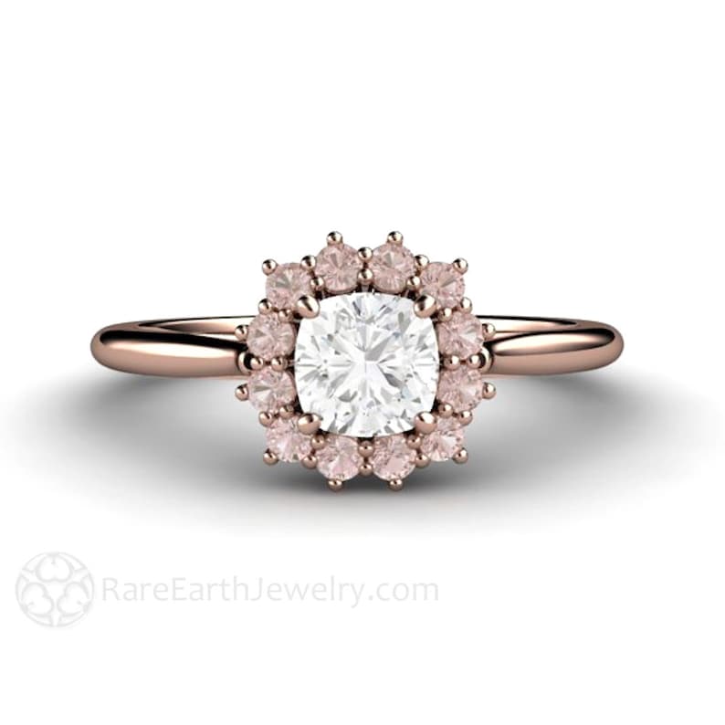 Cushion Cut Diamond Engagement Ring with Pink Diamond Halo Australian Argyle Pink Diamond Ring Cluster Design 14K or 18K Gold image 1