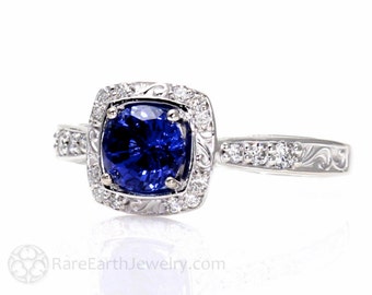Platinum Blue Sapphire Engagement Ring Art Deco Style Blue Sapphire Halo Ring Vintage Inspired Custom Bridal Jewelry