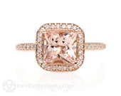 Morganite Engagement Ring Rose Gold Princess Cut with Diamonds Morganite Halo Ring Custom Wedding Ring