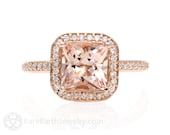 Morganite Engagement Ring Rose Gold Princess Cut with Diamonds Morganite Halo Ring Custom Wedding Ring