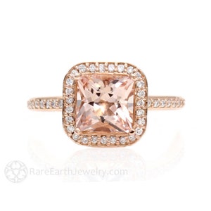 Morganite Engagement Ring Rose Gold Princess Cut with Diamonds Morganite Halo Ring Custom Wedding Ring image 1