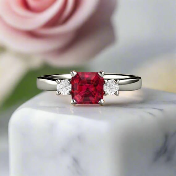 Three Stone Ruby Engagement Ring Asscher Cut Ruby Ring 3 Stone with Diamonds in Gold or Platinum Red Gemstone Ring July Birthstone
