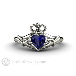 blue sapphire claddagh ring in solid 14K 18K gold or platinum, irish engagement ring, jewelry ireland, irish promise ring, september birthstone irish wedding jewellery ,celtic design jewelry