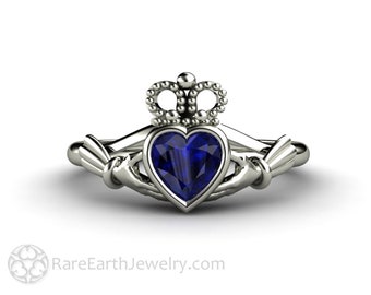 Blue Sapphire Claddagh Ring Celtic Jewelry Celtic Engagement Ring Irish Wedding Ring or Promise Ring Solid Gold 14K 18K and Platinum