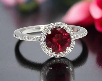 Ruby Engagement Ring | Round Ruby Halo Ring | July Birthstone Ring in 14K or 18K Gold or Platinum