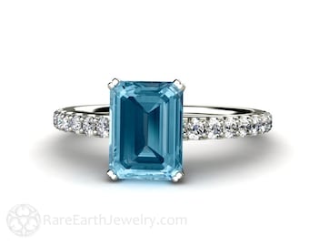 Emerald Cut Aquamarine Engagement Ring Natural Aquamarine Ring Pave Diamond Accented Solitaire 14K or 18K Gold Platinum March Birthstone