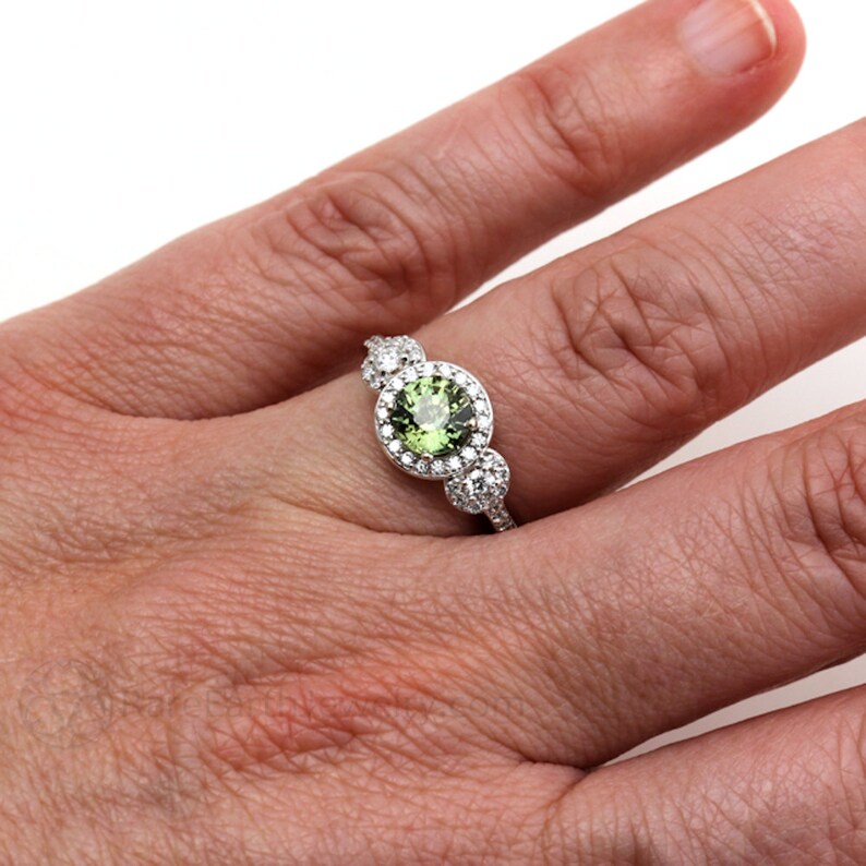Green Sapphire Engagement Ring 3 Stone Round Green Sapphire Etsy