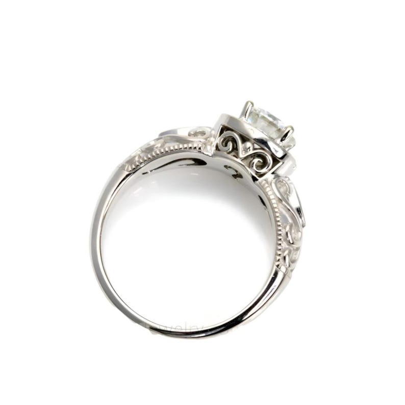 Rose Gold Moissanite Engagement Ring, Vintage Style Diamond Halo, Art Deco Moissanite Ring Lab Created Diamond Alternative 14K 18K Platinum image 7