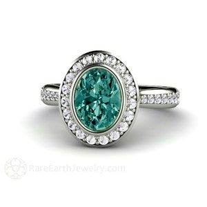 Blue Green Montana Sapphire Engagement Ring Bezel Halo 14K, 18K Gold or Platinum Unique Custom Engagement Ring