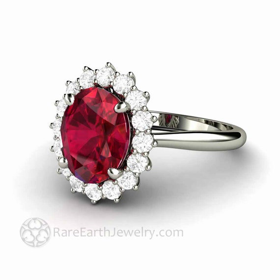 STERLING SILVER SMALL OVAL GENUINE RUBY & DIAMOND CLUSTER ENGAGEMENT RING SIZE 