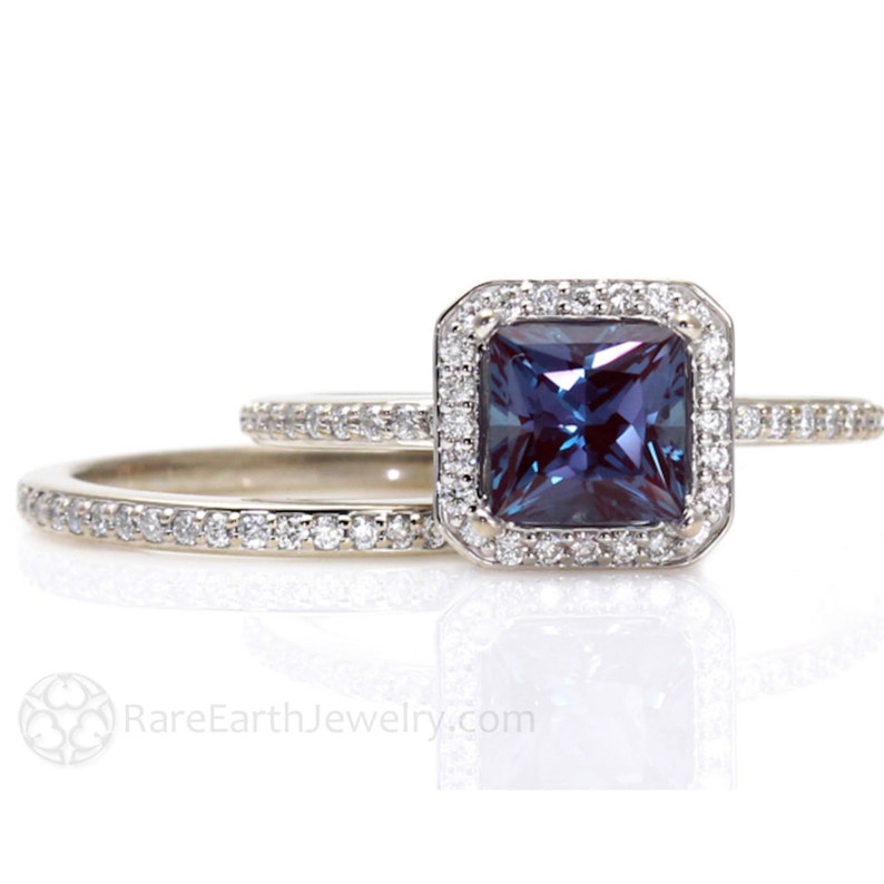 alexandrite bridal set, princess cut alexandrite engagement ring, square diamond halo, lab created alexandrite ring, wedding set with pave diamonds