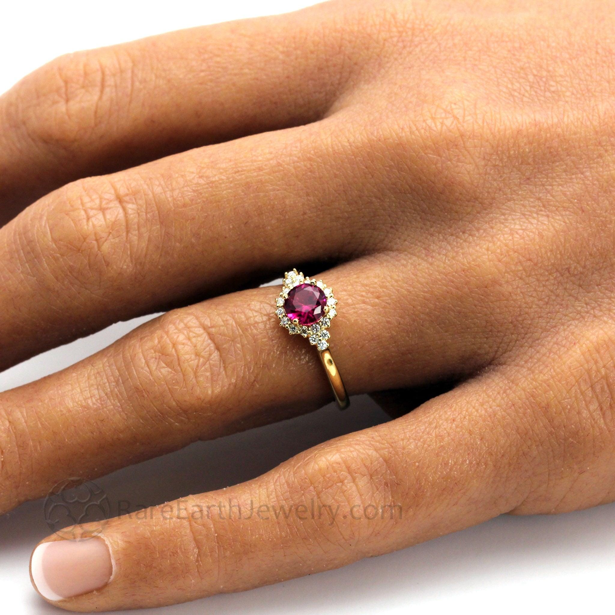 Vintage Inspired Ruby Engagement Ring, Round Ruby Ring Cluster Diamond ...