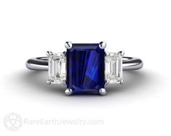 Sapphire Ring Blue Sapphire Engagement Ring Emerald Cut 3 Stone with White Sapphires September Birthstone in Gold or Platinum