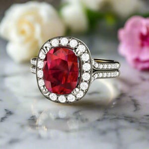 Cushion Cut Ruby Engagement Ring with Diamond Halo | 2.75ct Lab Grown Ruby Cocktail Ring | July Birthstone | Split Shank Band
