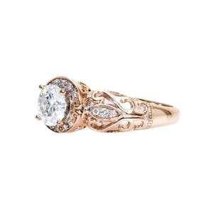 Rose Gold Moissanite Engagement Ring, Vintage Style Diamond Halo, Art Deco Moissanite Ring Lab Created Diamond Alternative 14K 18K Platinum image 2