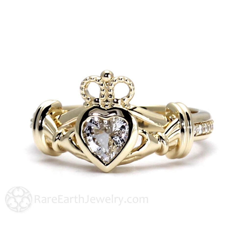 10K Rose Gold Diamond & Sapphire Irish Love Claddagh Heart Promise Ring Size 6 