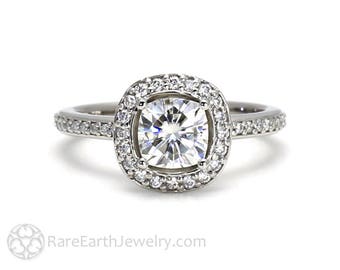 Cushion Moissanite Halo Engagement Ring Forever One Moissanite Ring Platinum or Palladium  Wedding Ring