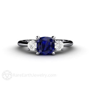 Cushion Blue Sapphire Engagement Ring 3 Stone Sapphire Ring with Lab Grown Diamond Accents Gold or Platinum