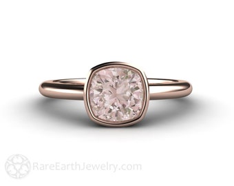 Cushion Cut Morganite Engagement Ring Morganite Bezel Solitaire Ring Simple Morganite Bridal Set Gold and Platinum