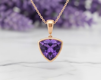 Trillion Cut Amethyst Necklace in 14K Gold | Triangle Amethyst Pendant | Modern Minimalist February Birthstone Jewelry