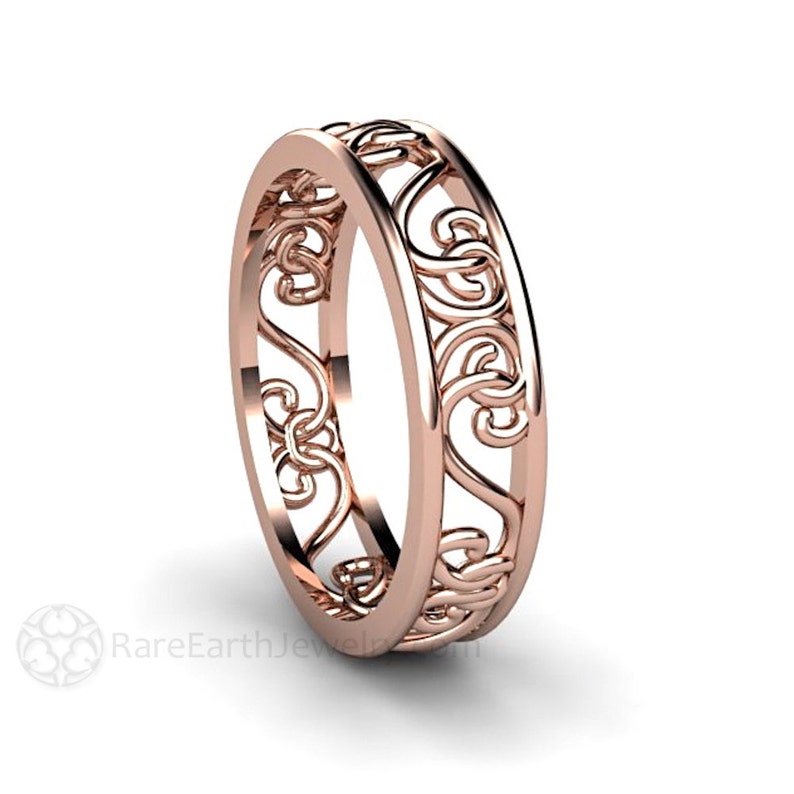 Antique Style Wedding Band with Filigree Wedding Ring Open Work Unique Wedding Band in 14K 18K Gold or Platinum Stackable Gold Ring image 3