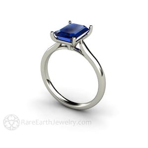 Blue Sapphire Engagement Ring Blue Sapphire Solitaire Ring Emerald Cut Sapphire Ring 14K 18K Gold Platinum Wedding Ring