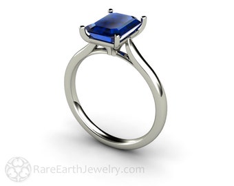 Blue Sapphire Engagement Ring Blue Sapphire Solitaire Ring Emerald Cut Sapphire Ring 14K 18K Gold Platinum Wedding Ring