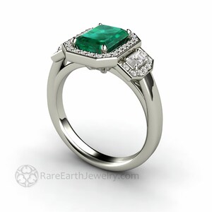 Large Three Stone Emerald Engagement Ring Emerald Cut Green Emerald Ring with Lab Created Diamonds 3 Stone Diamond Halo Gold Platinum image 5