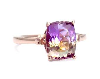 Natural Ametrine Ring | Cushion Cut Amethyst and Citrine Gemstone in Fleur de Lis Design