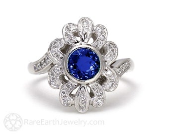 Antique Style Sapphire Ring Art Deco Blue Sapphire Engagement Ring Sapphire and Diamond Ring Gold and Platinum