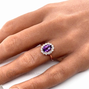 Vintage Style Oval Amethyst and Diamond Halo Ring | February Birthstone in Gold or Platinum