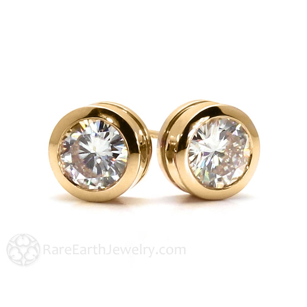 Moissanite Stud Earrings Moissanite Earrings in 14K Gold Bezel Etsy