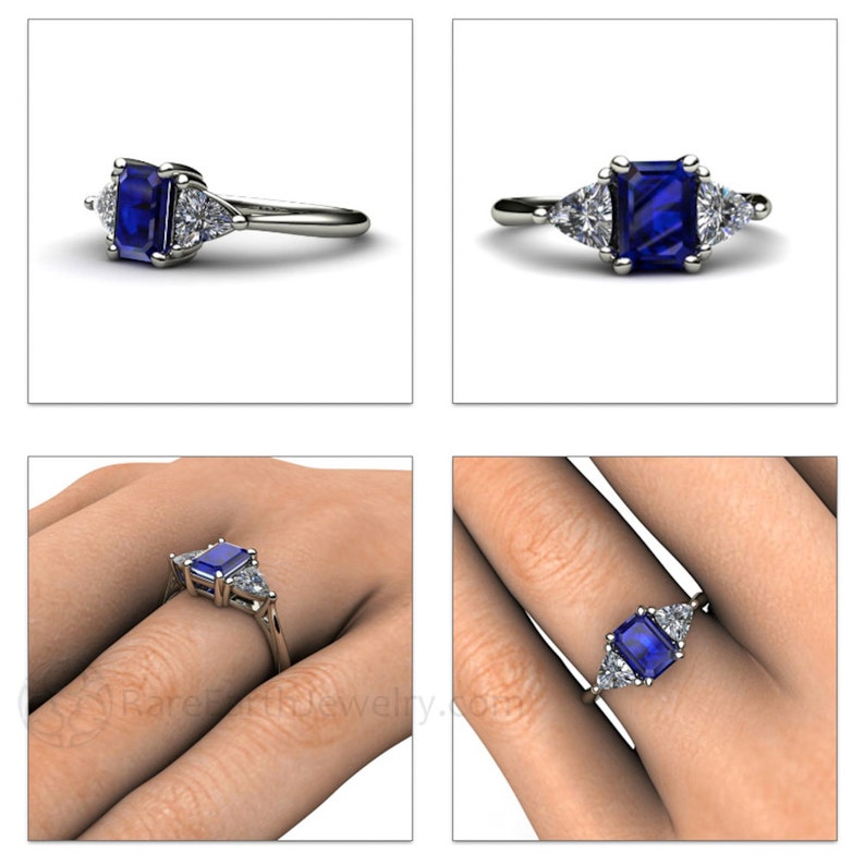 Blue Sapphire Engagement Ring Vintage Blue Sapphire Ring Three Stone 3 Stone Sapphire Ring with Trillions Solid Gold or Platinum Affordable image 4