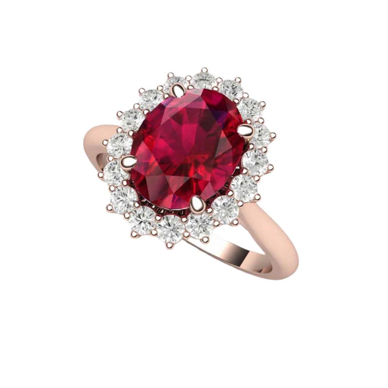Anillo de compromiso con rubí, anillo de rubí ovalado, anillo de halo de rubí con racimo de diamantes y diamantes, piedra natal de julio, piedra preciosa roja. imagen 8