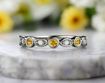 Natural Yellow Sapphire Ring, Yellow Sapphire Band with Diamonds, Yellow Sapphire Wedding Ring or Anniversary Band Gold or Platinum
