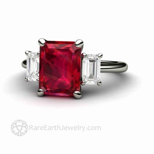 Ruby Engagement Ring 3 Stone Emerald Cut Ruby Ring Large Red Gemstone July Birthstone Unique Statement in 14K Gold 18K or Platinum