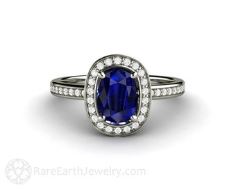 Blue Sapphire Engagement Ring Diamond Halo Rectangular Cushion Cut Blue Sapphire Halo Ring Custom Wedding Jewelry 14K 18K Gold or Platinum