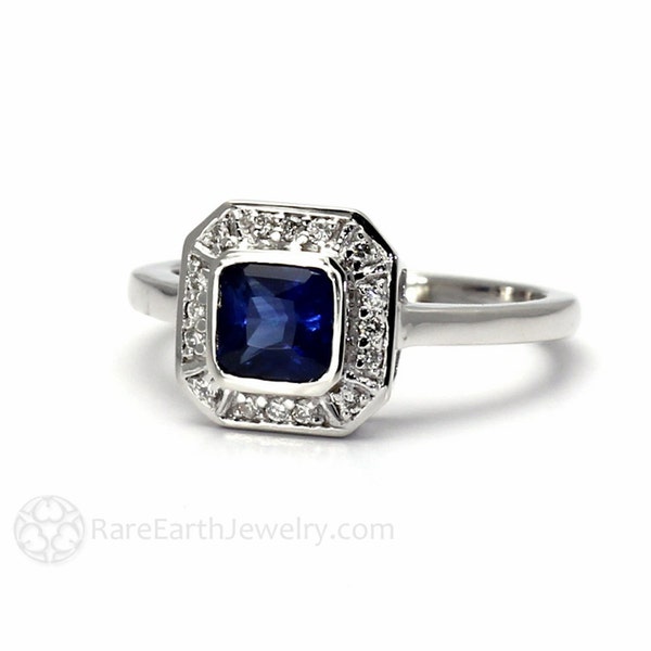 Art Deco Sapphire Ring Vintage Blue Sapphire Engagement Ring Asscher Cut 14K or 18K Gold Blue Gemstone Ring