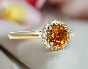 Natural Citrine Ring with Diamonds Round Citrine Engagement Ring Yellow Orange Stone November Birthday Gift or Push Present 14K 18K Platinum